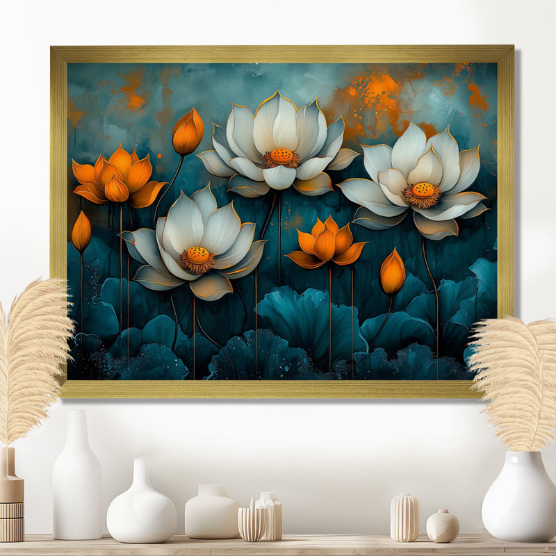 «Illana White Orange Radiant Lotus», art mural sur toile Lotus, H 24 po x l 32 po, Floater Framed, Doré