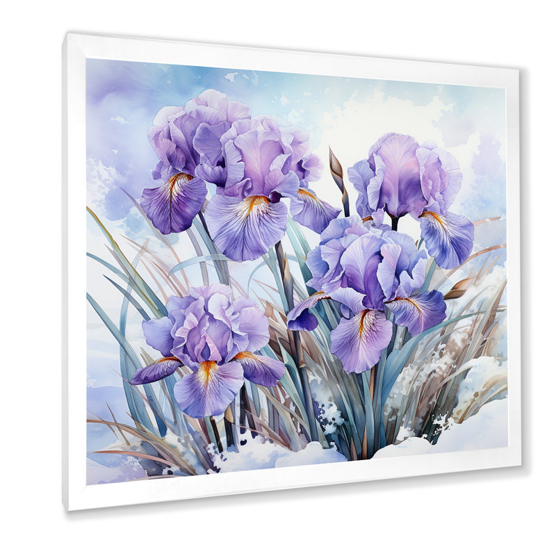 Mauve iris en hiver sur toile, H 24 po x l 24 po x P 1 po, Cadre simple blanc