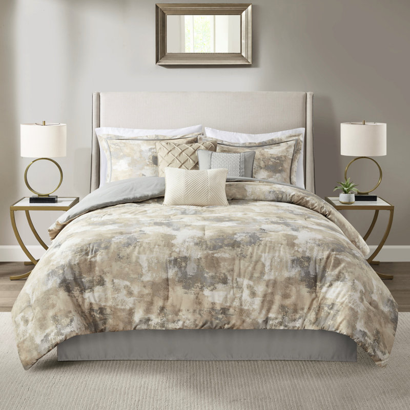Édredon grand 7 pièces texturé à imprimé abstrait en mélange de coton gris, taupe, crème et gris uni