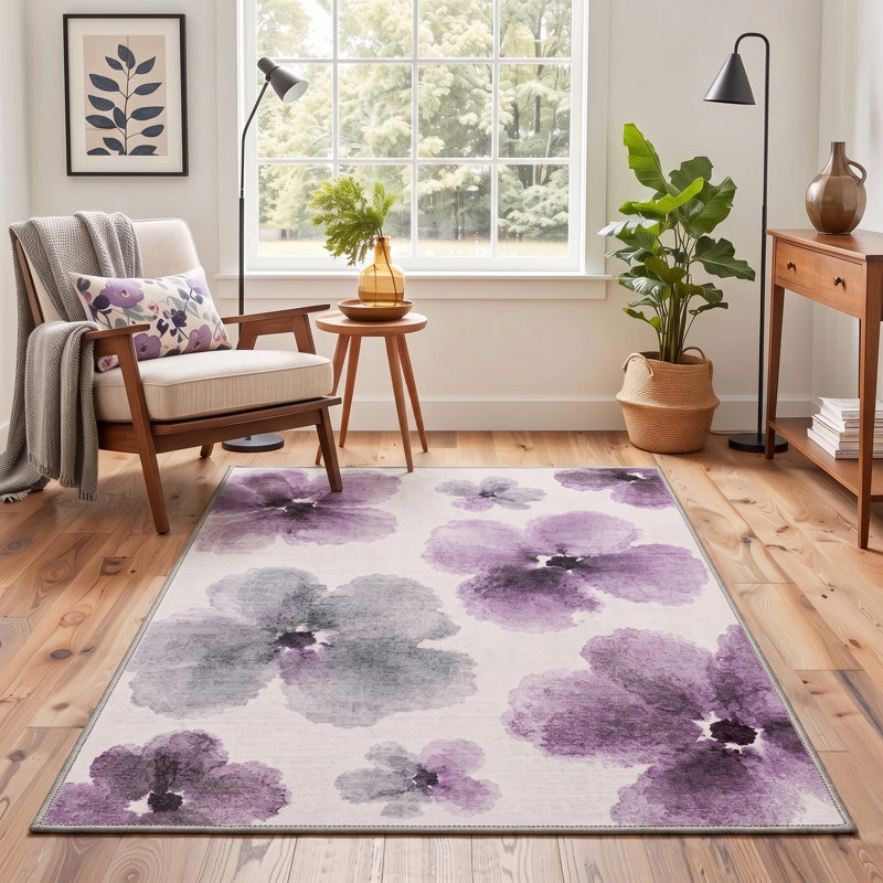 Tapis ivoire / mauve lavable à la machine avec envers antidérapant, Rectangle 5' x 7'