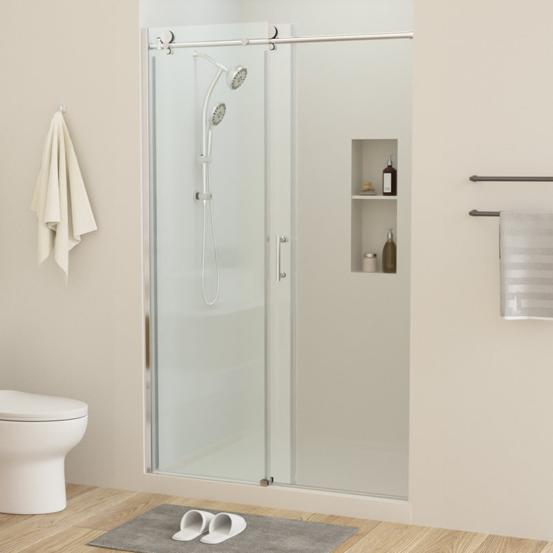 48'' W x 76'' H Shower Screen Enclosure, 8mm Clear Tempered Glass Shower Door with 304 Stainless Steel Round Tube Track, Reversible Panels