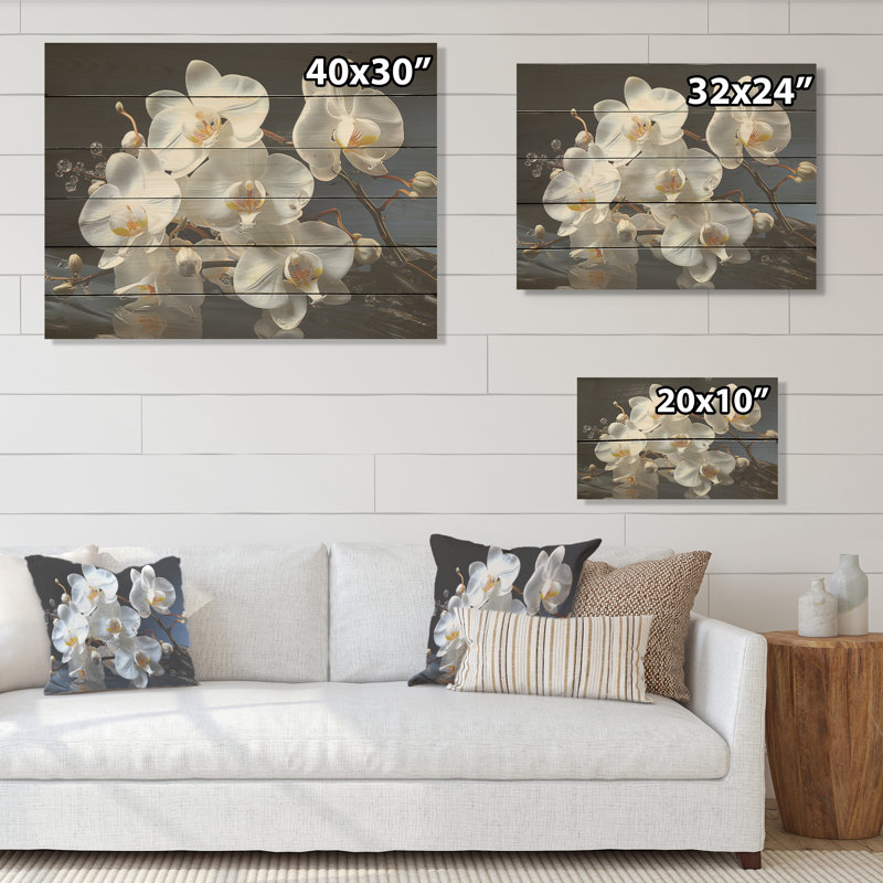 Orchidées blanches et jaunes de sérénité - Art sur bois de pin naturel, H 10 po x l 20 po