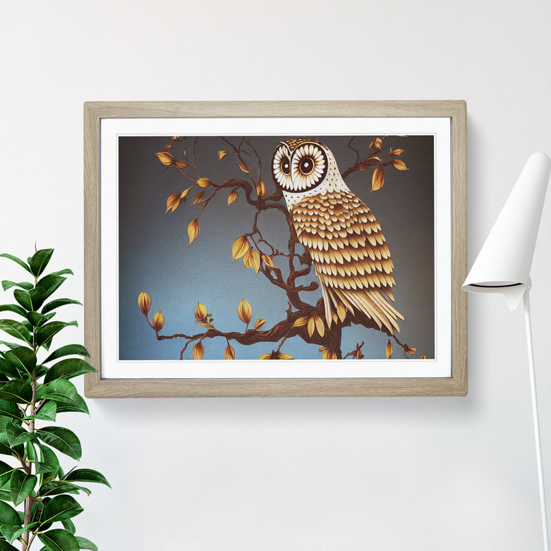 Owl Deco Style - Framed Print, 25cm H x 34cm W x 2cm D, Oak