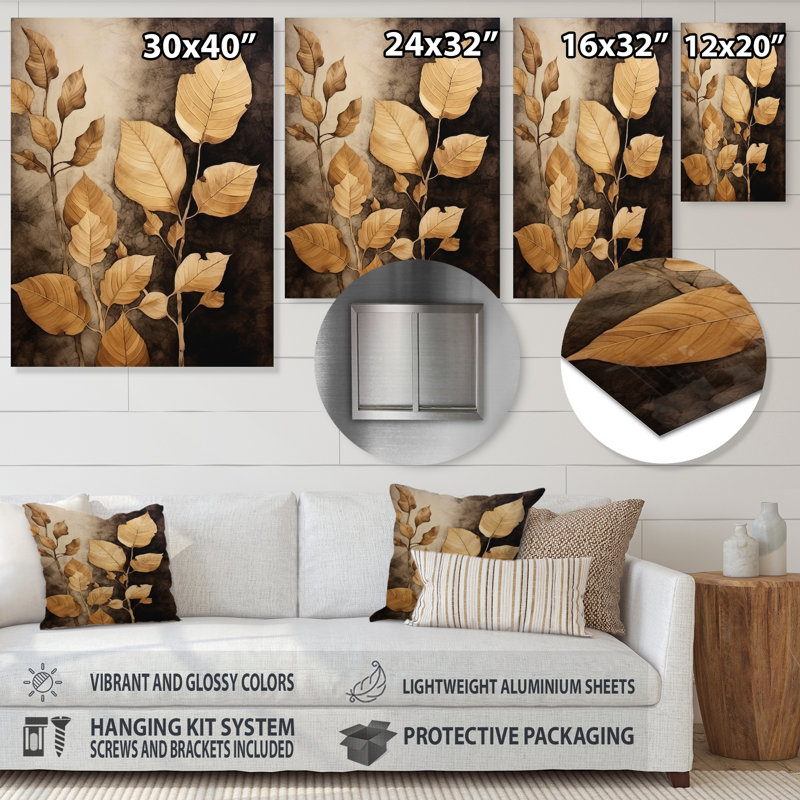 Décoration murale en métal brun et feuilles beige et harmonie VI, H 32 po x l 16 po x P 1 po