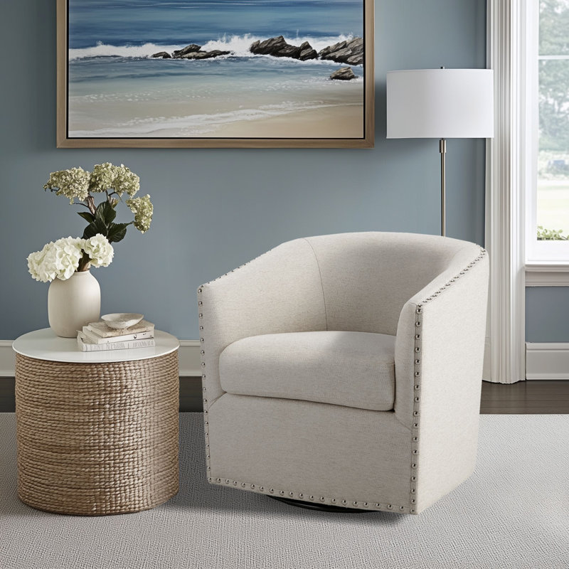 Tyler 360° Swivel Barrel Chair with Nailhead Trim, Natural, Natural Polyester