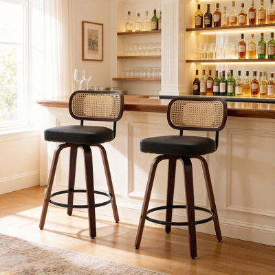 Cicero 25.59" Seat Height Swivel PU Faux Leather Bar Stools With Cane Back For Counter Height