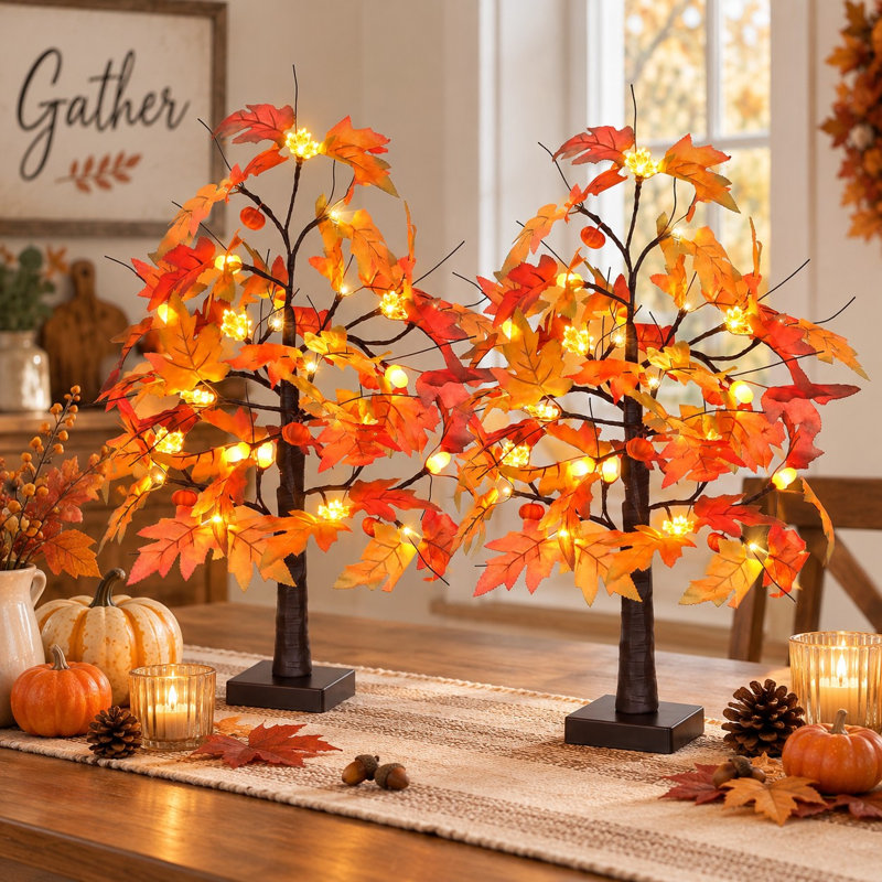 Érable d'automne artificiel éclairé 24 po avec citrouilles et minuterie 24 po
