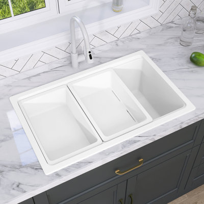 Évier de cuisine en granite simple 33 po x l 19 po avec évier de préparation et passoire - solution de cuisine durable, élégante et multifonctionnelle