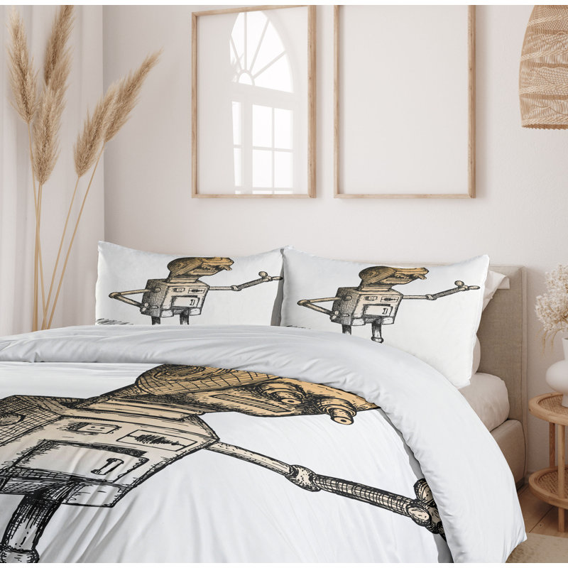 Queen Size Black and White Robot Sketch Duvet Cover Set