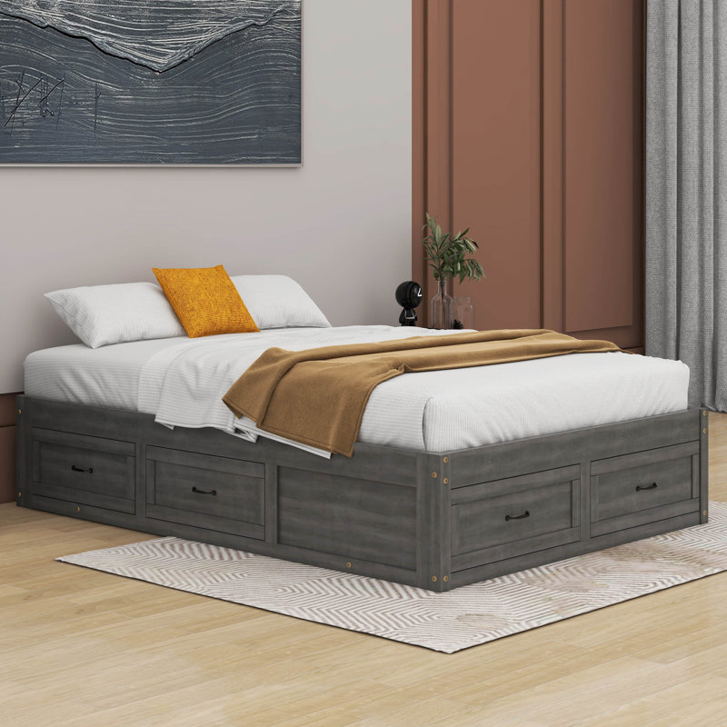 Lit plateforme Neeru avec 6 tiroirs de rangement, Gris antique, Double
