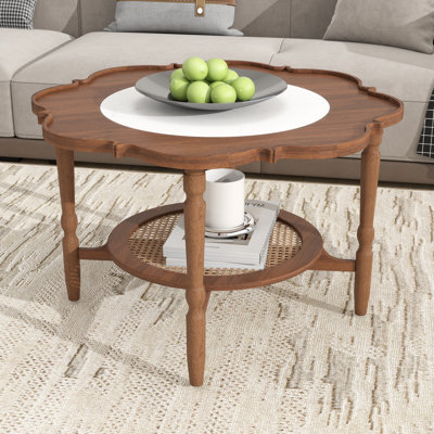 Table basse à 2 niveaux, table d'appoint Mid-Century avec tablette en rotin