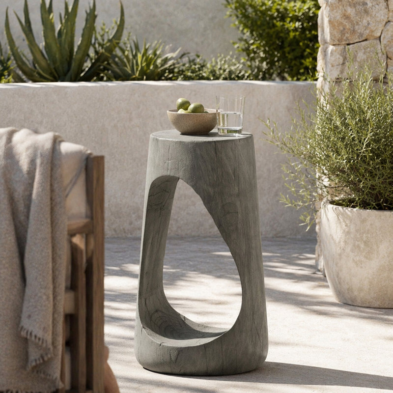 Table d'appoint d'extérieur, table de bout à conception creuse, tabouret de jardin pour patio, table d'appoint décorative pour terrasse de balcon sur la plage, béton léger, texture semblable au bois