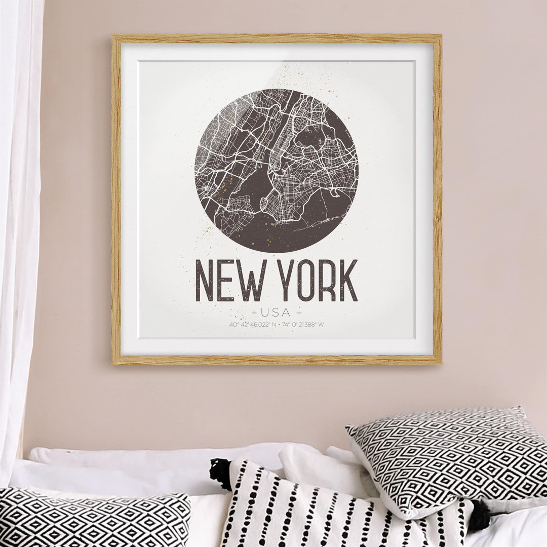 Gerahmter Grafikdruck New York Map - Retro