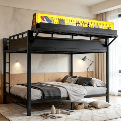 Lit mezzanine en métal avec tablette supérieure et charge USB et lumière DEL, lit mezzanine haut avec tablettes de rangement pour dortoir, grand sur grand, noir