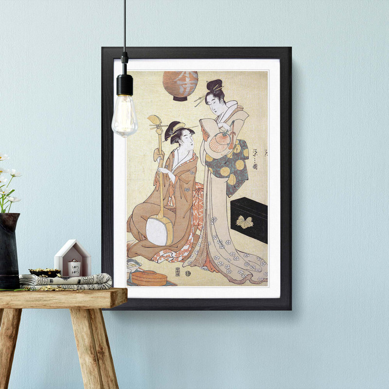 Two Geisha by Chobunsai Eishi - Picture Frame Painting Print, Black Framed, 65cm H x 48cm W x 2cm D