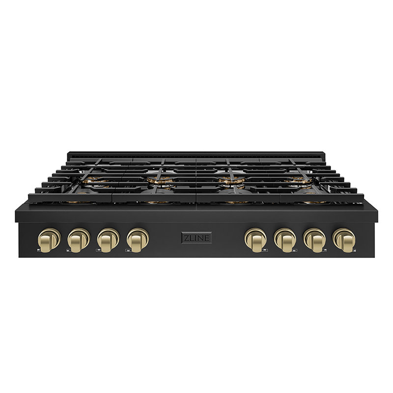 ZLINE Autograph 48 in. Black Stainless Paramount Rangetop with 8 DuoPro Burners and Bronze Accents, Polished Gold