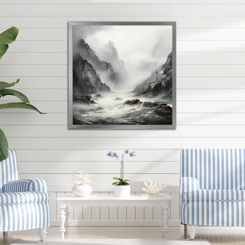 Rivière mystique en noir et blanc, H 16 po x l 16 po x P 1 po, Cadre simple argenté