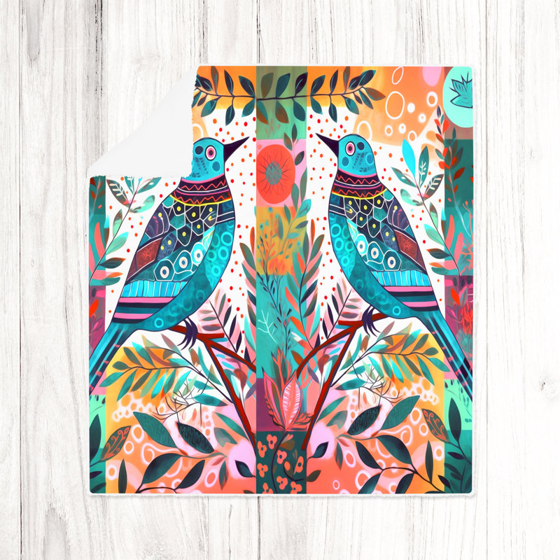 Throw Blanket, 51" W x 60" L, Animal Print/Floral, Blue/Orange/Dark Pink