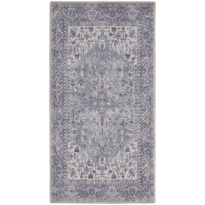 2' X 4' Grey Oriental Power Loom Distressed Washable Area Rug