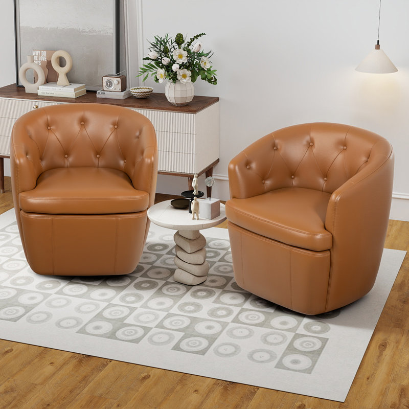 Classic Tuffted Upholstered Swivel Barrel Chair with Unique Recessed Arms, Brown