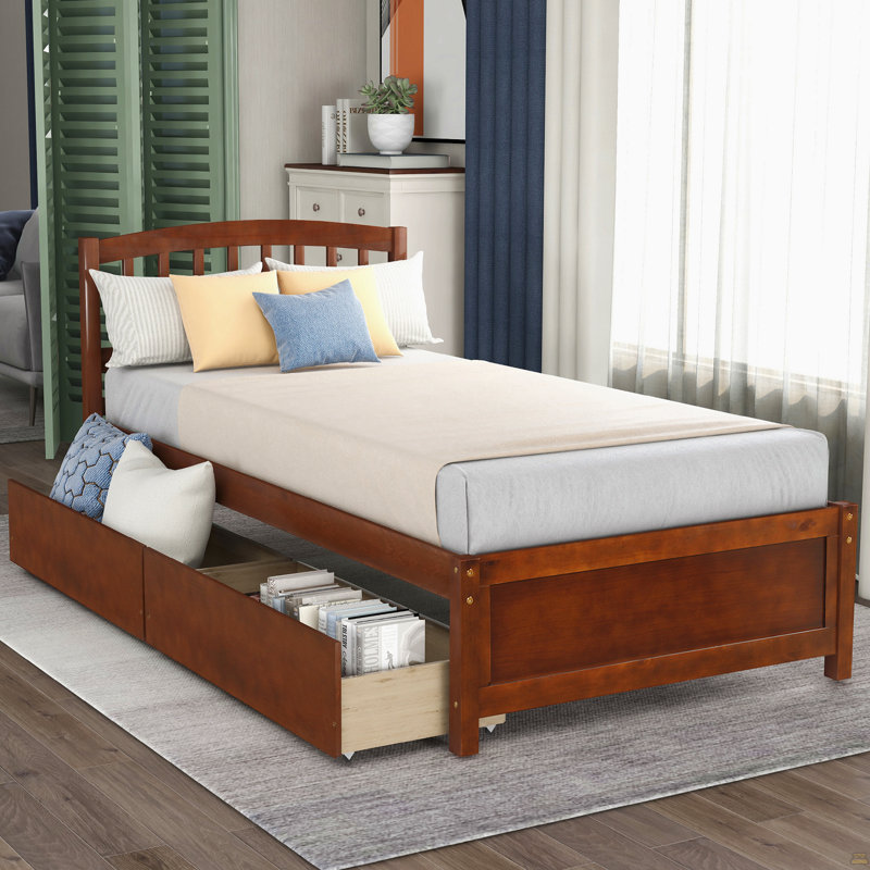 Cadre de lit plateforme simple avec deux tiroirs et tête de lit, Walnut