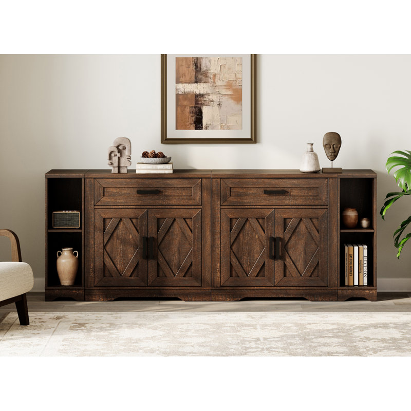 Glenford 82.7"W Large Modern Farmhouse Office Storage Cabinet With Barn Doors & Drawers, Scratch-Resistant Tree Bark Finish