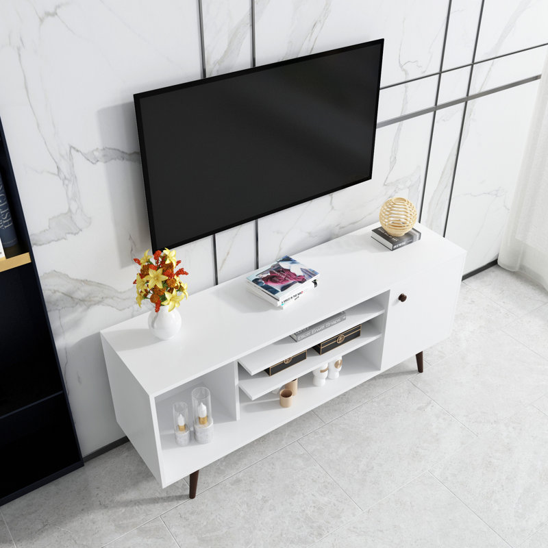 Cumi 62.9"W Mid-Century Modern TV Stand with Sliding Doors & Drawers, Entertainment Center TV Console Table with Rattan Doors