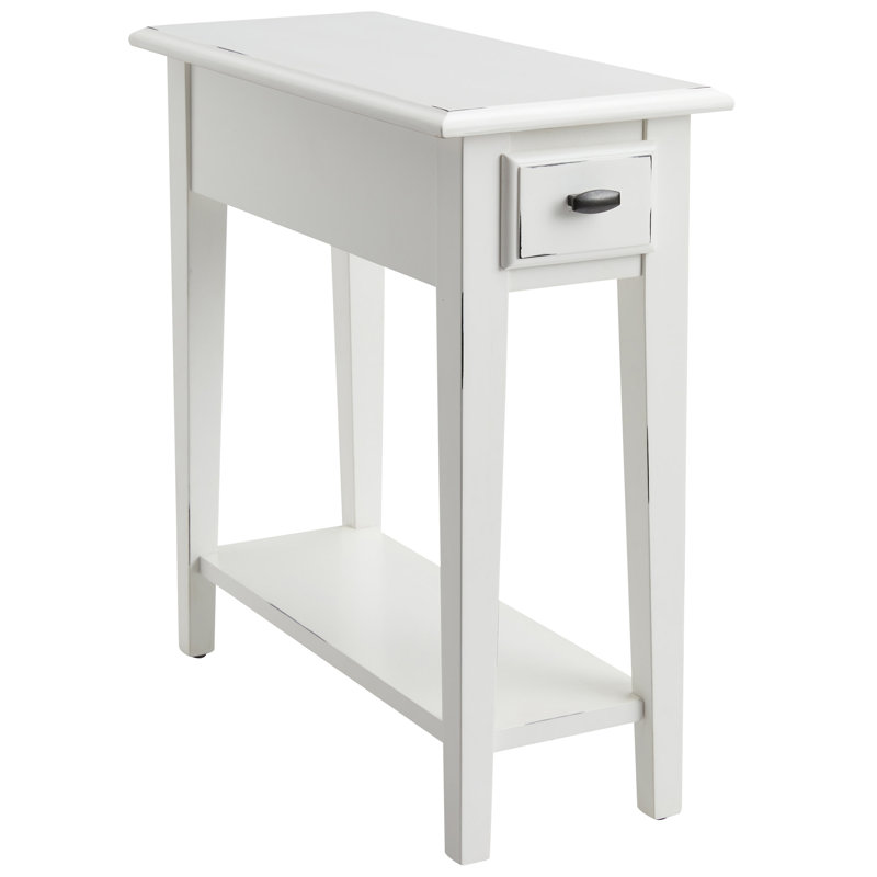 Narrow Solid Wood Side Table with Shelf, White
