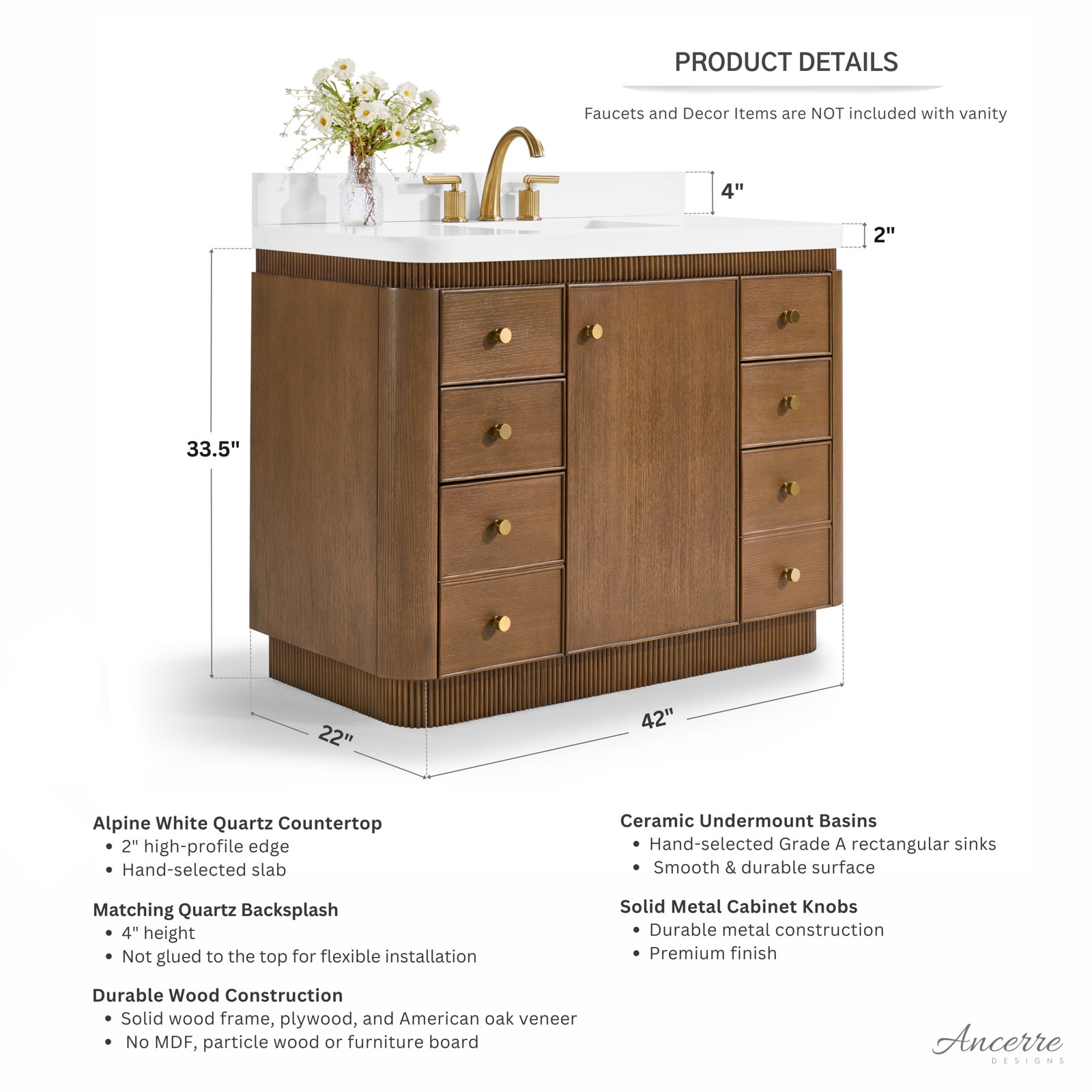 Aston Oak Single Bathroom Vanity, Chestnut Oak, 42 inch