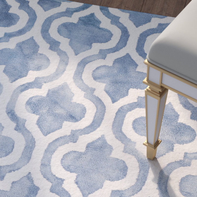 Tapis bleu / ivoire en laine touffeté à la main à motif géométrique, Rectangle 5 pi x 8 pi