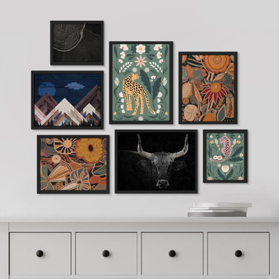 Collage Mid-Century Mountain Wild Flowers Cheetah Modern Art For Living Room, Bedroom, Office Framed On Paper 7 Pieces Print -  SIGNLEADER, WSF-A49-2309-YUK08-P.7A-B.BK-46x24