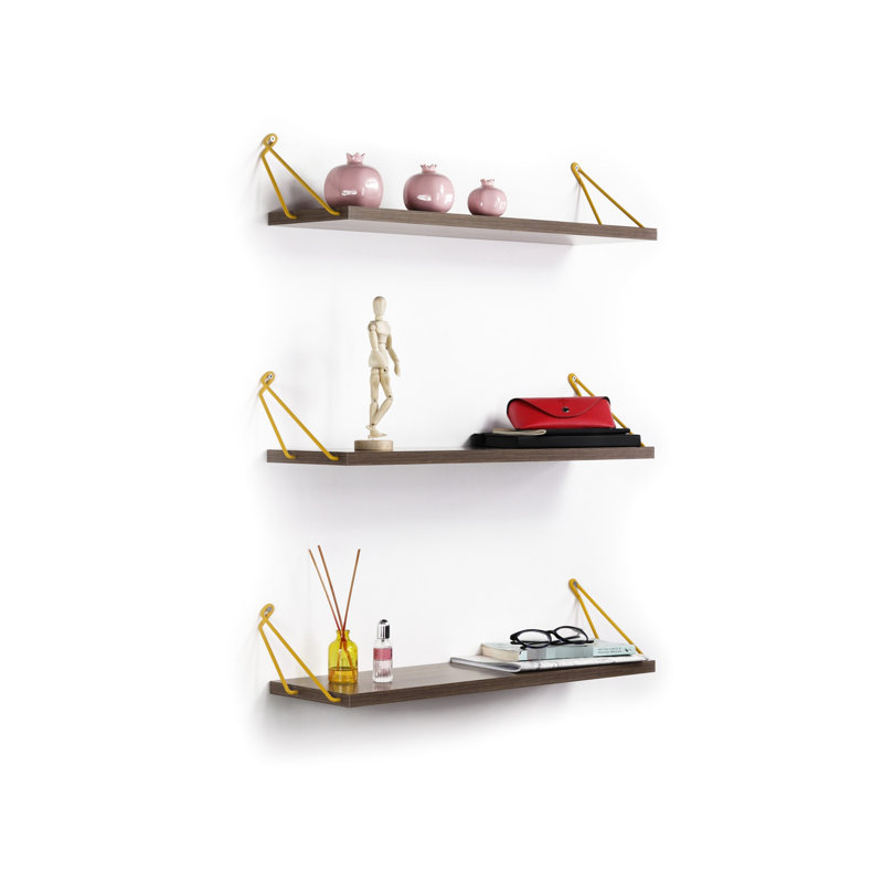 Rustic Triple Shelf For Books - Wall Mounted In Walnut/Yellow Hue Floating Bookcase Theme, Walnut
