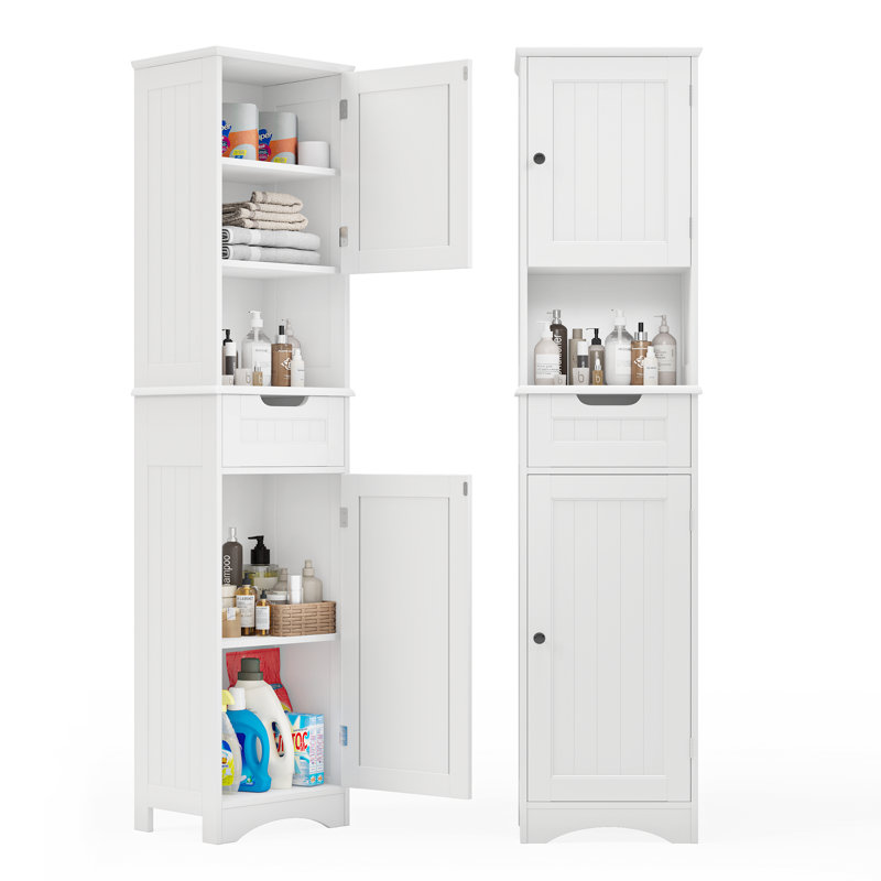 Grande armoire autoportante en lin avec 2 portes, 1 tiroir et tablettes réglables pour la salle de bain, Blanc / Blanc