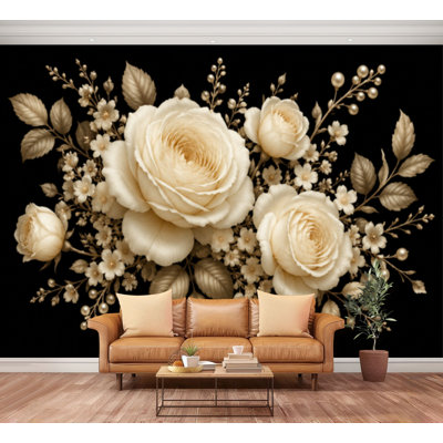Papier peint auto-adhésif Pivoines roses Floral rétro sans soudure Or blanc fleurs feuilles Papier autocollant amovible pour décoration de salon Chambre à coucher H 100 po x l 144 po