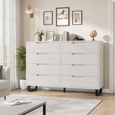 Farmhouse TV Stand with 8 Drawers Storage for 75inch, White 55in Wide Entertainment Center with Sturdy Metal Legs, Wooden Storage Cabinet for Living Room Bedroom Entryway