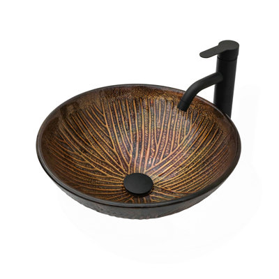 Lavabo en verre trempÃ© ambrÃ© avec motif artistique en plumes et bonde Ã  clapet, lavabo ovale en verre trempÃ© pour salle de bain (sans robinet) (comprend uniquement le lavabo)