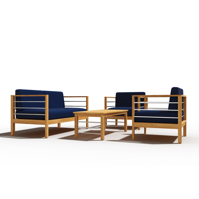 Ensemble de conversation d'extérieur en teck avec coussins Sunbrella 4 pièces Leon, Bleu marine