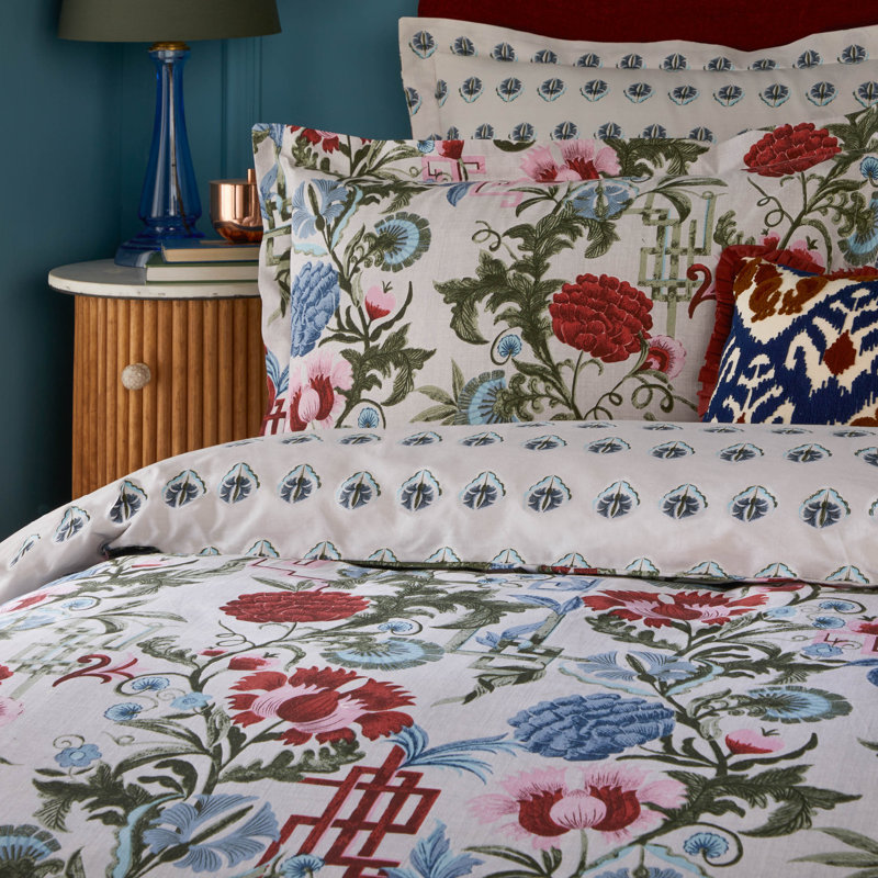 Ishana Cotton Blend Floral Duvet Cover Set with Pillowcases Included, Redcurrent/ French Blue
