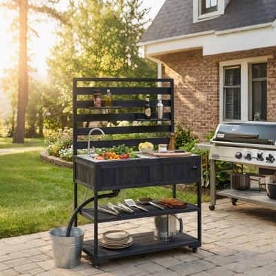 41.7'' Large Patio Rolling Kitchen Island Solid Wood Kitchen Cart with Sink, Garden Potting Bench with Stainless Table Top, 2 Movable Shelves and 1 Bottle Opener