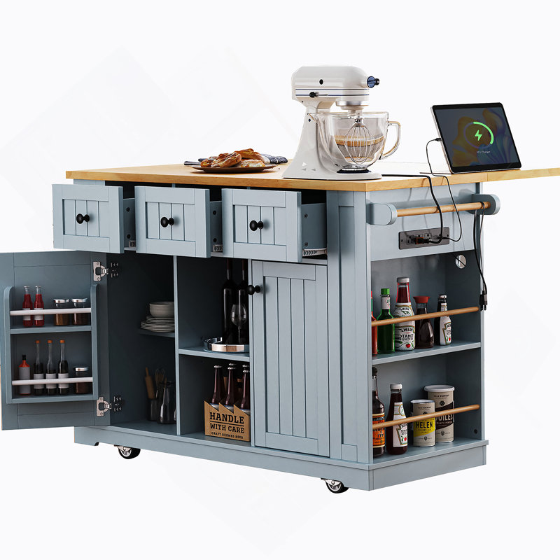 53Inch Large Kitchen Island With Drop Leaf,Power Outlet,Door Internal Storage Rack,Rolling Kitchen Cart On 5 Wheels With 5 Open Side Racks For Kitchen,Dining Room,Grey Blue(Not Include Bar Stools)