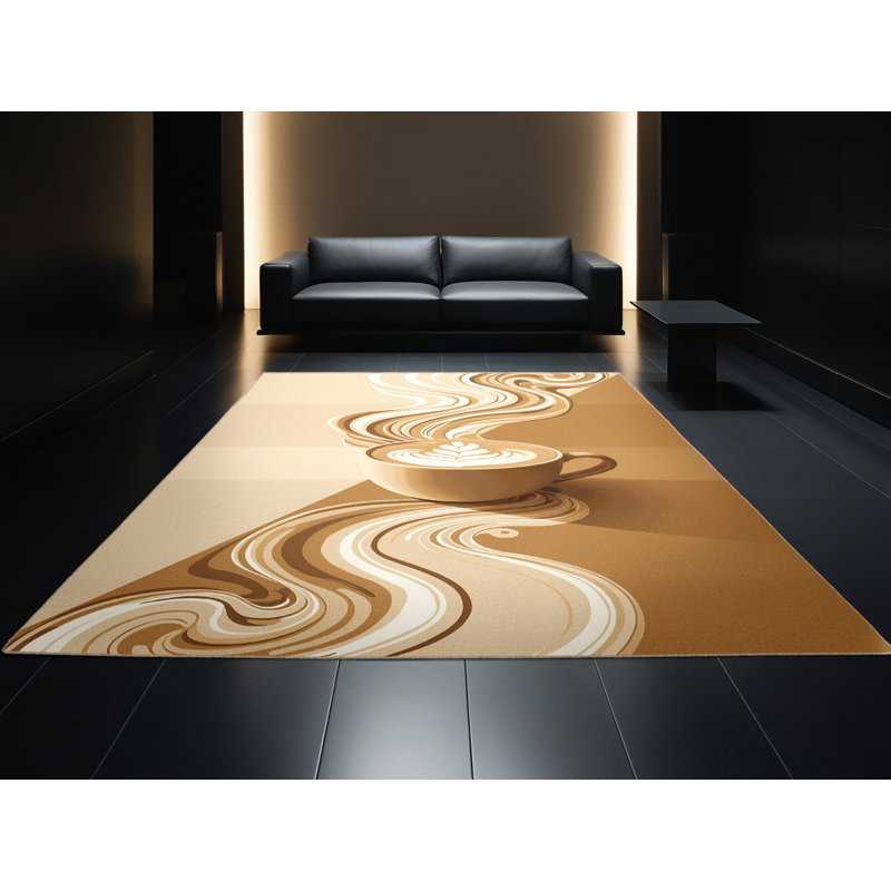 Tapis beige et moderne lavable à la machine Wilkerson Latte Art Cup - reliure beige, 7 x 9