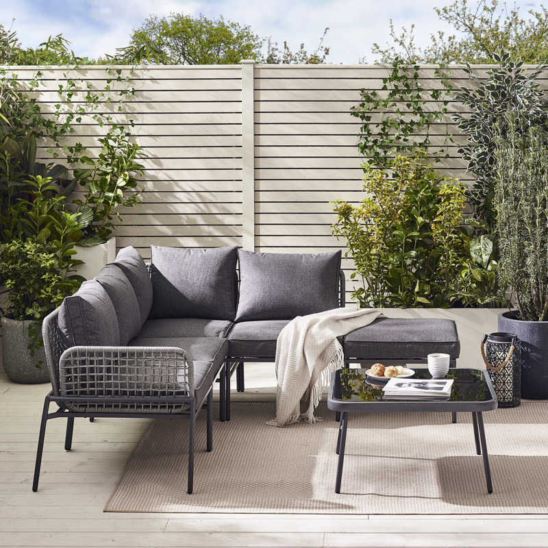 Alahni Outdoor 4-5 Seat Corner Sofa with Cushions and Coffee Table - Modern Rattan (Cover Included), Grey/Grey