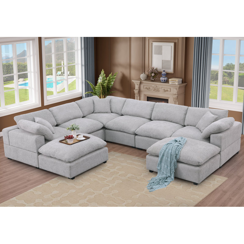 Canapé modulaire réversible en chenille de 143,2 po de largeur Worthland (8 pièces), Chenille gris pâle