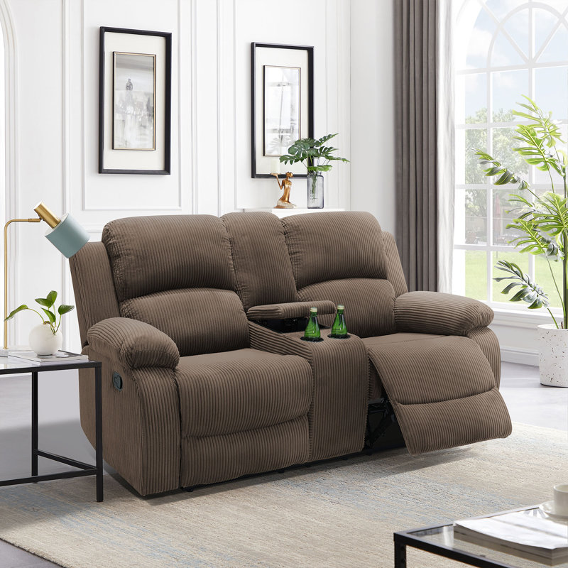68" Wide Fabric Manual Reclining Loveseat Sofa, 2-seater Recliner Couch With Storage & Cup Holder, Beige Taupe