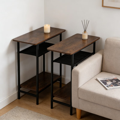 Narrow Side Table Set Of 2, 3-Tier Slim End Table With Wide Tabletop For Living Room, Bedroom, And Small Spaces, Rustic Brown Finish