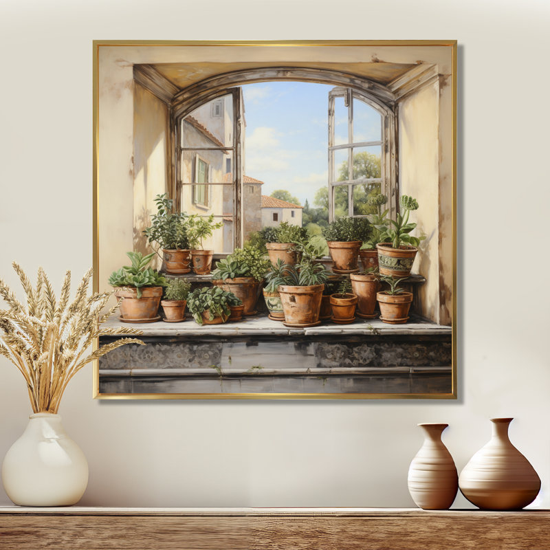 «Italian Poteries Window Charm», art mural fenêtres de ferme, 44" H x 44" W, Cadre flottant doré