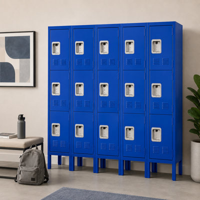 Kaer 12" Wide 3-Tier Metal Locker with Ventilated Doors, Hooks & Name Plate