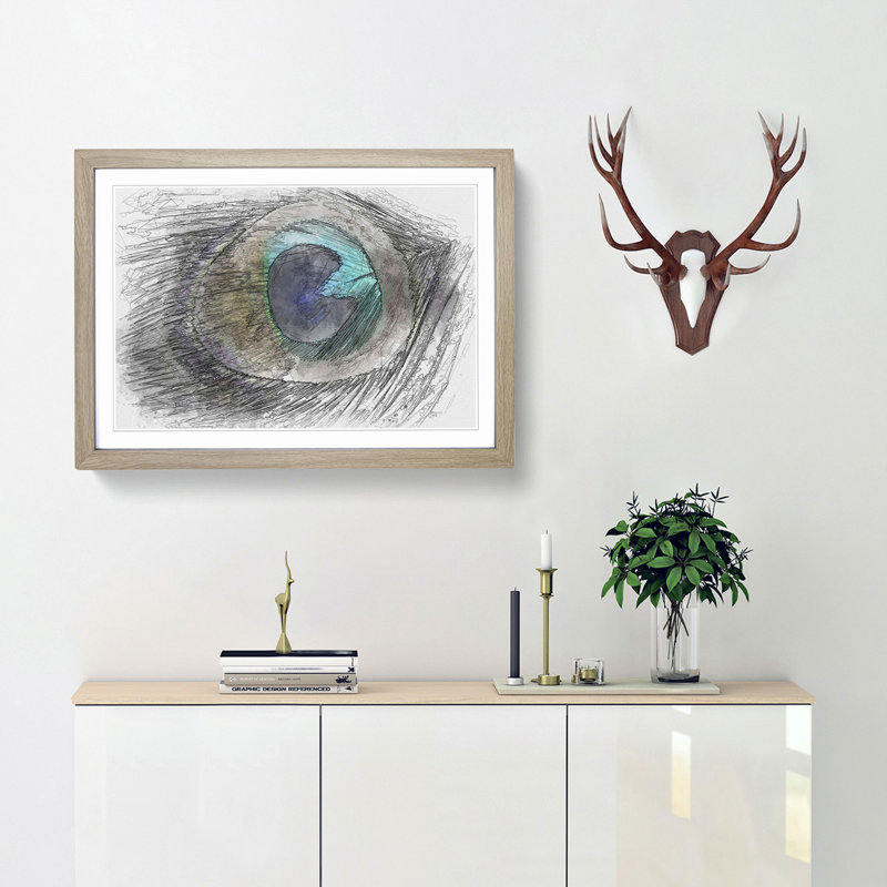 Delicate Peacock Feather in Abstract - Picture Frame Graphic Art Print, Oak Framed, 36cm H x 48cm W x 2cm D