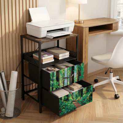 Table de chevet 2 tiroirs avec station de charge, table de chevet pour chambre avec ports USB, tablette ouverte noire, table de chevet avec sentier de randonnée Redwood Forest