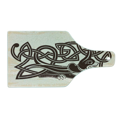 Ambesonne Celtic Dragon Tempered Glass Cutting Board Long Tangled Drawing Brown and Champagne